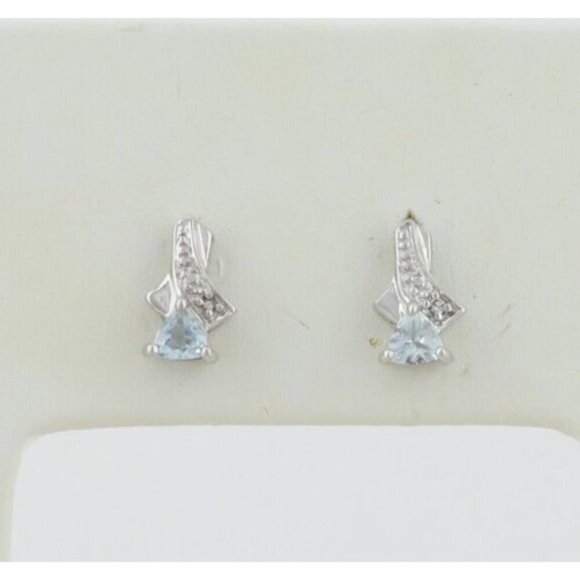 10k White Gold Natural Aquamarine and Diamond Earrings Stud Post 3/8" x 1/4" - Picture 1 of 10